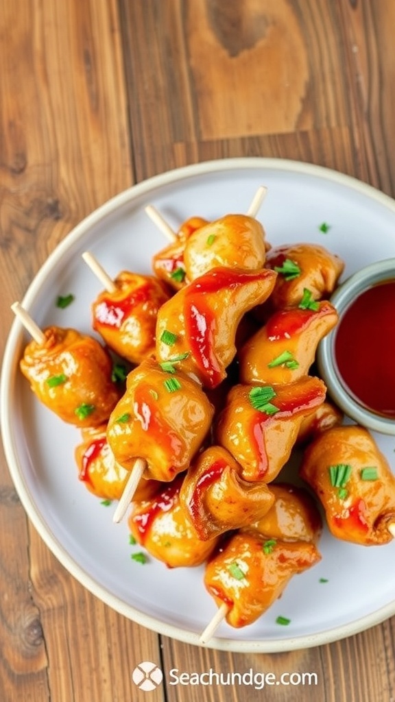 Crispy air fryer chicken skewers on a plate with dipping sauce and herbs.